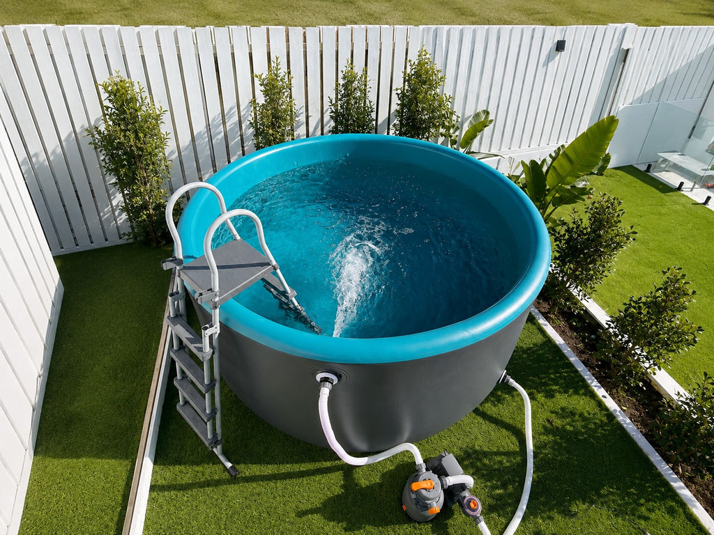 3m drop stitch pool in a fenced backyard with ladder and sand filter