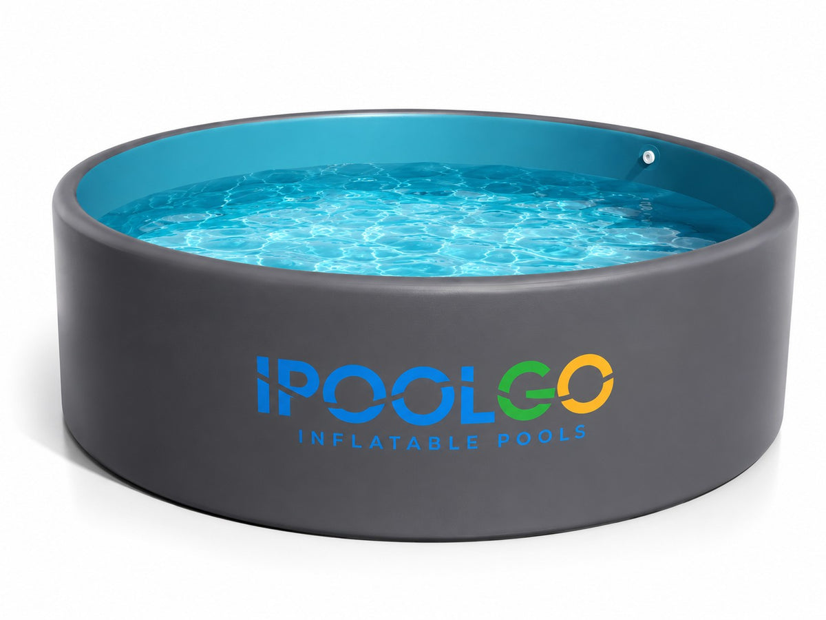 Drop stitch pool with charcoal grey outside and blue inside