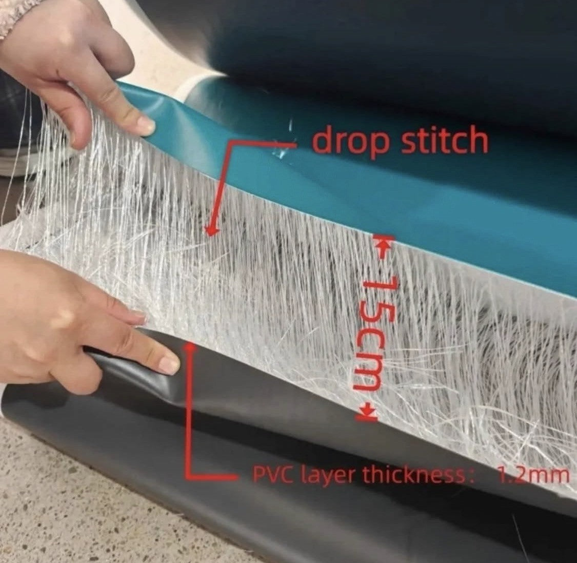 Pool wall cross-section showing 15cm drop stitch and 1.2mm PVC layer