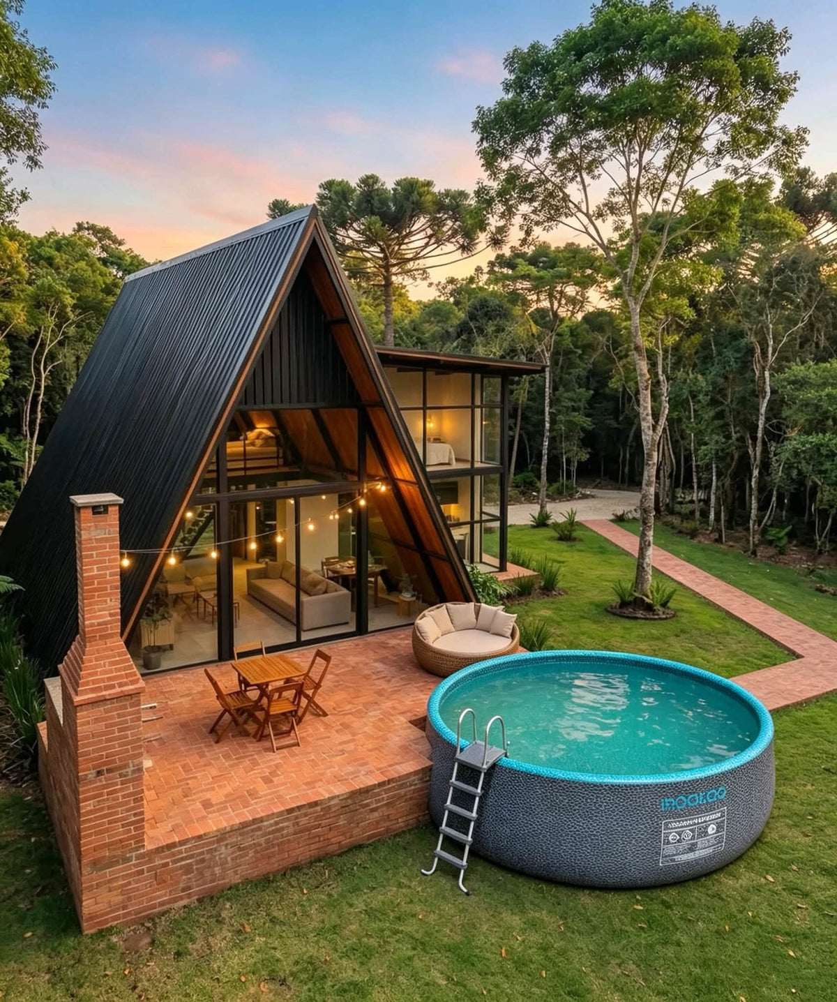 Drop stitch pool beside an A-frame cabin