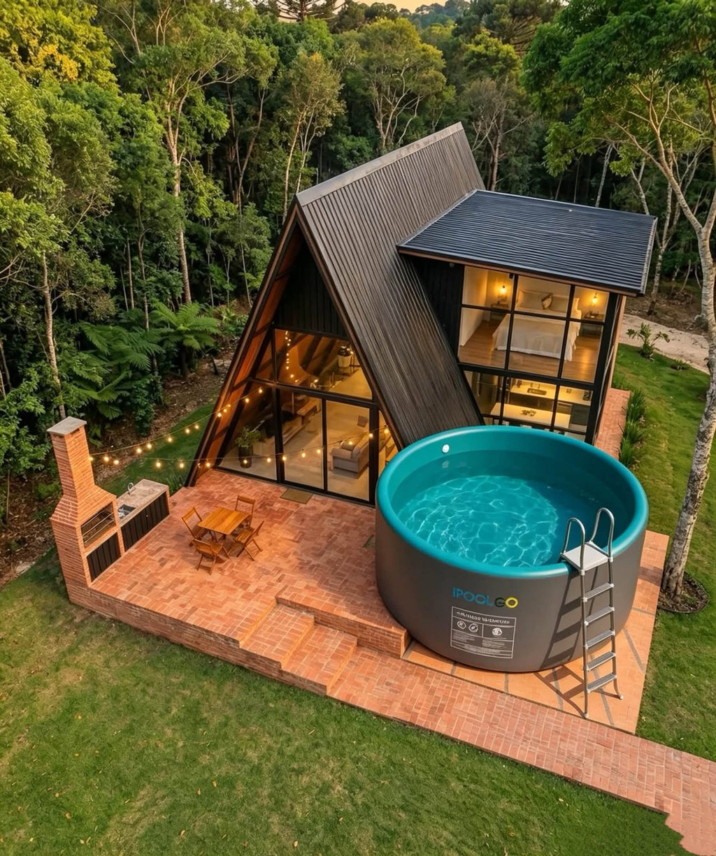 Drop stitch pool on a brick patio at sunset