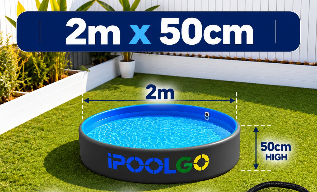 2m x 50cm drop stitch pool on a lawn, showing 2m diameter and 50cm height