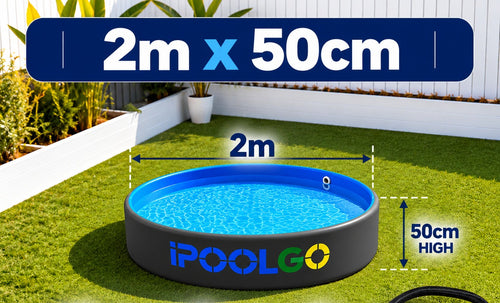 2m x 50cm drop stitch pool on a lawn, showing 2m diameter and 50cm height