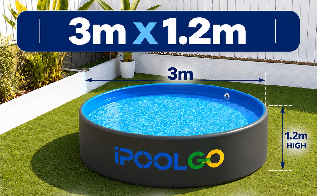 3m x 1.2m drop stitch pool on a lawn, showing 3m diameter and 1.2m height