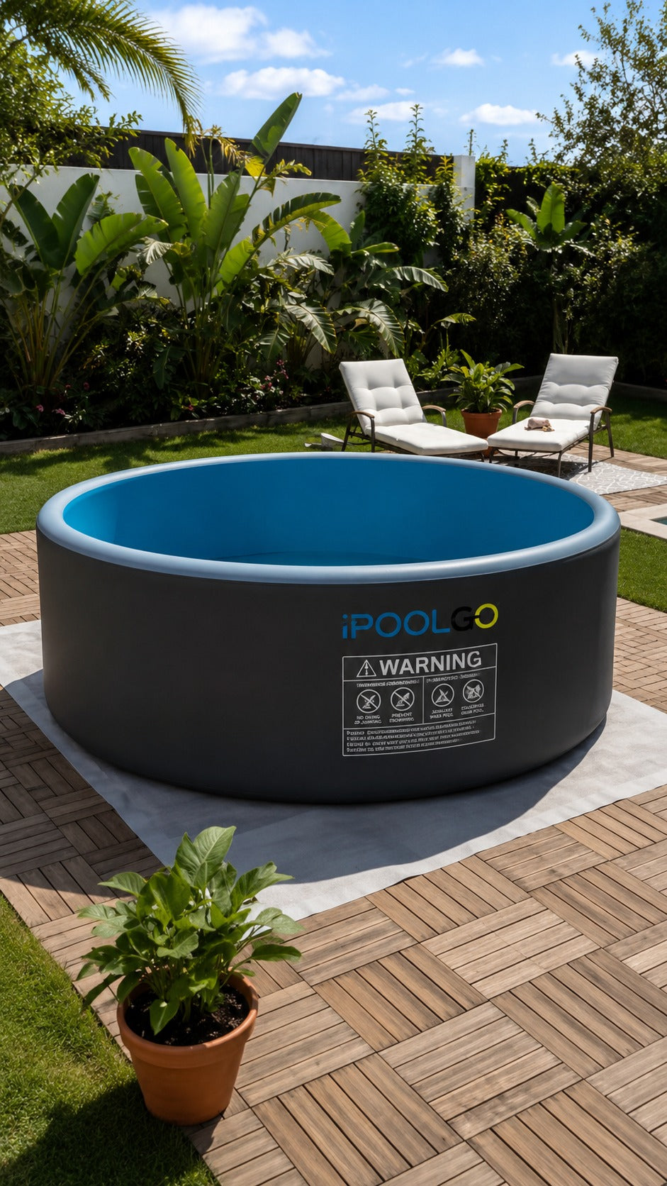 Charcoal and blue drop stitch pool on a timber deck in a tropical garden