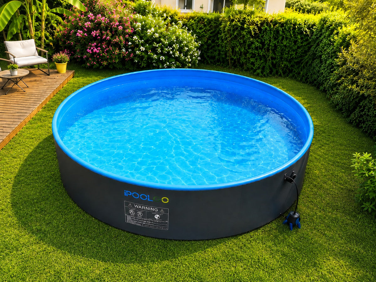 Large charcoal and blue drop stitch pool on a backyard lawn